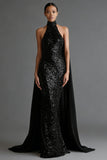 Glittrande svart sjöjungfruhalter maxiklänning med serpentinen