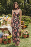 Black Pink Flower Sheath axelbandslös satin midi-klänning