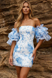 Blå axlarlös blommig bodycon hemkomstklänning