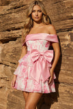 A-linje off-shoulder rosa korsett blommig hemkomstklänning med rosett