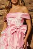 A-linje off-shoulder rosa korsett blommig hemkomstklänning med rosett