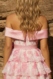 A-linje off-shoulder rosa korsett blommig hemkomstklänning med rosett