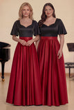 A-linje svart röd satin lång körklänning med korta ärmar