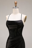 Svart satin Spaghettiband Sjöjungfru lång formell klänning med slits