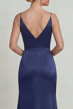 Navy satin Spaghettiband applikerad brudmors klänning med slits