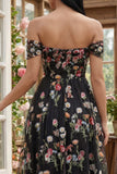 Svart axellös blomsterkorsett applikerad A Line Tyll midiklänning