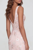 Glittrig rosa applikationsklädd V-ringad midiklänning med slits