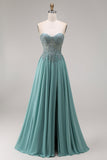 Chiffon Eucalyptus Sweetheart korsett A-linje pärlprydd applikerad lång balklänning med slits