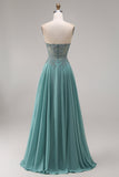 Chiffon Eucalyptus Sweetheart korsett A-linje pärlprydd applikerad lång balklänning med slits