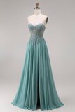 Chiffon Eucalyptus Sweetheart korsett A-linje pärlprydd applikerad lång balklänning med slits