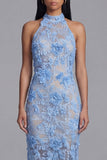 Blå spetshalternecke bodycon blommig lång bröllopskrok med slits