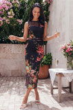 Tyll svart bodycon illusion neck med rynkade blommiga midiklänningar
