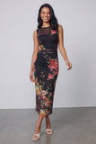 Tyll svart bodycon illusion neck med rynkade blommiga midiklänningar