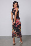 Tyll svart bodycon illusion neck med rynkade blommiga midiklänningar