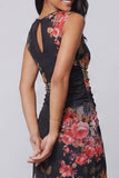 Tyll svart bodycon illusion neck med rynkade blommiga midiklänningar
