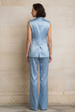 Satinblå tvådelade enkelknäppta toppkavaler damkostymer med ärmlösa kläder
