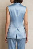 Satinblå tvådelade enkelknäppta toppkavaler damkostymer med ärmlösa kläder