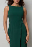 Bateau-hals mörkgrön bodycon lång arbetsklänning med slits