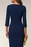 Cowl neck Navy Bodycon 3/4-ärmad midi arbetsklänning med slits
