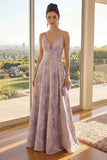A-linje Dusty Lila Spaghettiband Jacquard Maxi Blommig Klänning