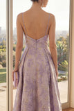 A-linje Dusty Lila Spaghettiband Jacquard Maxi Blommig Klänning