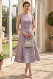 Dammig lila båthals Jacquard Midi blommig klänning