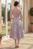 Dammig lila båthals Jacquard Midi blommig klänning