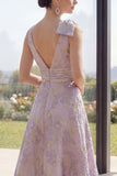 Dammig lila rynkig jacquard A Line-blommig maxiklänning med V-ringning och slits