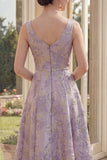 Dammig lila blommiga tjocka axelband Jacquard Maxi A-linje midi-klänning
