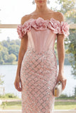 Axelbunden rougekorsett bodycon maxiklänning med 3D-blommor