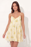 A-linje gula spaghettiband, blommig mini-examensklänning