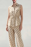 Khaki Polka Dots tvådelade damdräkter med krage