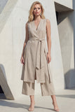 Khaki V-ringad bodycon midi-slits damdräkt med bälte