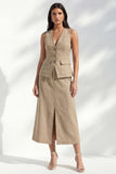 khaki V-ringad bodycon enkelknäppt midi slim fit arbetsklänning med slits