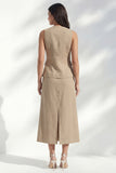 khaki V-ringad bodycon enkelknäppt midi slim fit arbetsklänning med slits