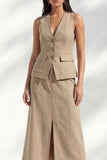 khaki V-ringad bodycon enkelknäppt midi slim fit arbetsklänning med slits