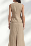 khaki V-ringad bodycon enkelknäppt midi slim fit arbetsklänning med slits