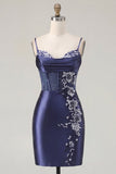 Marinblå korsett Satin Bodycon broderad hemkomstklänning