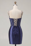 Marinblå korsett Satin Bodycon broderad hemkomstklänning