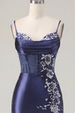 Marinblå korsett Satin Bodycon broderad hemkomstklänning