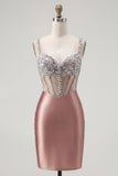 Rouge Satin Bodycon genomskinlig korsett Mini hemkomstklänning med strass