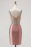 Rouge Satin Bodycon genomskinlig korsett Mini hemkomstklänning med strass