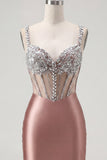Rouge Satin Bodycon genomskinlig korsett Mini hemkomstklänning med strass