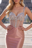 Rouge Satin Bodycon genomskinlig korsett Mini hemkomstklänning med strass
