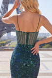 Glittrande mörkgrön blomkorsett Bodycon Paljetter Kort hemkomstklänning