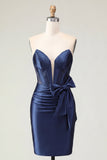 Satin Sweetheart Navy Bodycon korsett med rynka och rosett