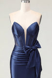 Satin Sweetheart Navy Bodycon korsett med rynka och rosett