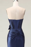 Satin Sweetheart Navy Bodycon korsett med rynka och rosett