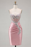 Satin Blush Bodycon korsett med rynkad hemkomstklänning med strass