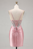 Satin Blush Bodycon korsett med rynkad hemkomstklänning med strass